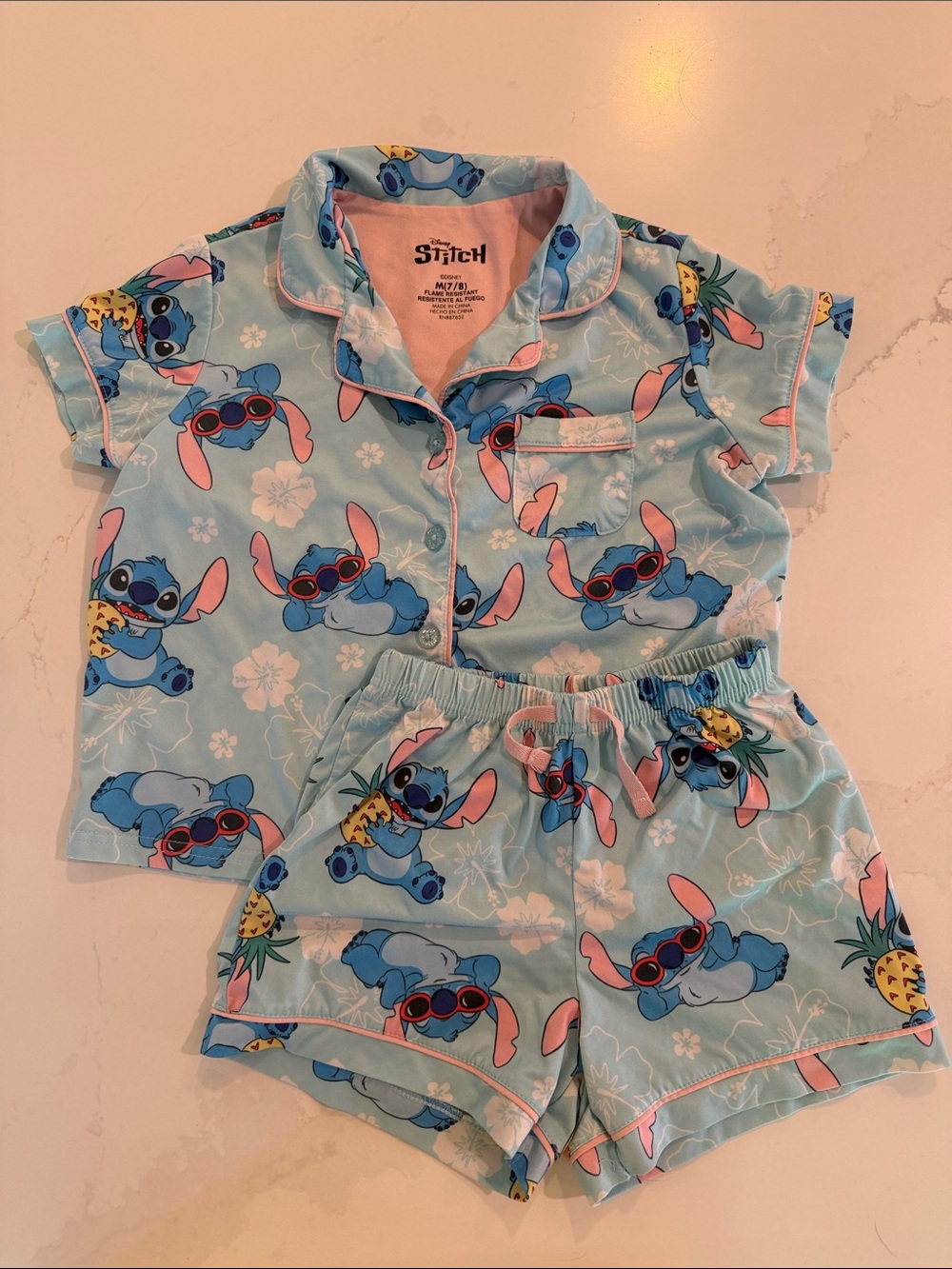 Disney Stitch Pajama Set in Light Blue with Pink Trim